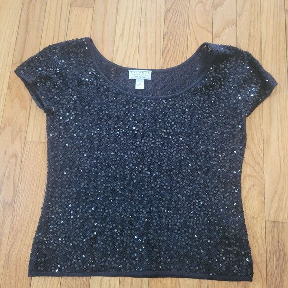 Talbots Collection Petite Black Sequin Short Sleeve Top Cashmere Silk Size M - Picture 2 of 6